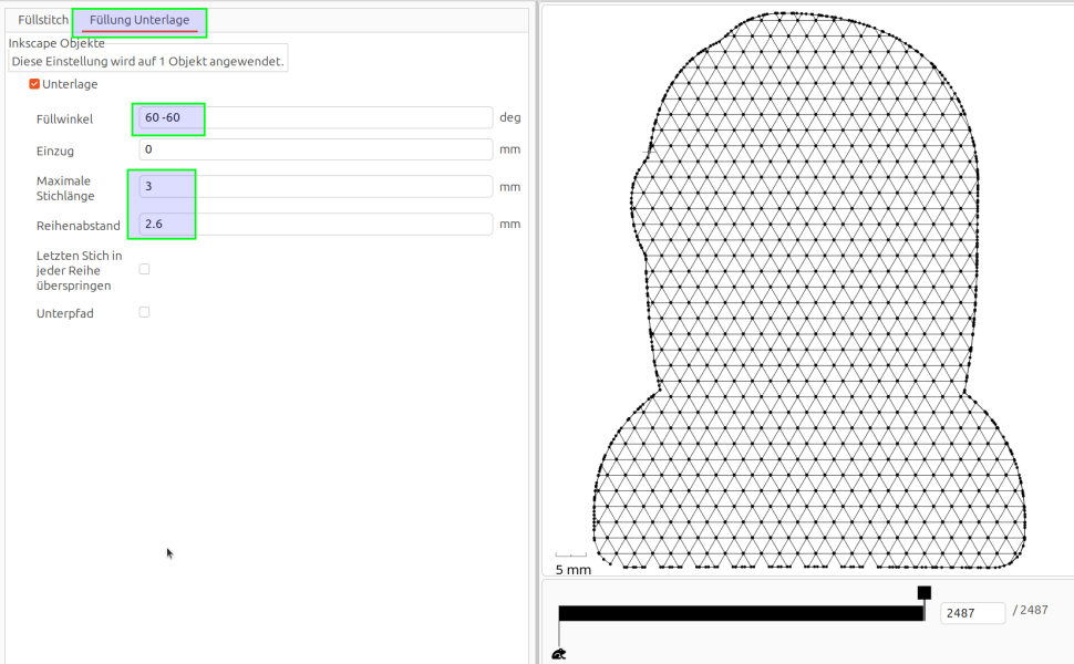 Parametrierung der Unterlage des generierten Füllstiches