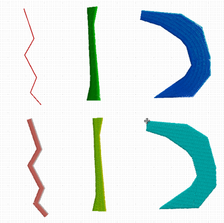 Drei Typen von Objekten in zwei Varianten (generierte Stickstiche)