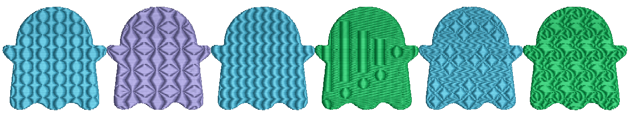 Exemples de remplissages « en relief » avec Embroidery Office 23. Celui de droite est une création de l'auteur