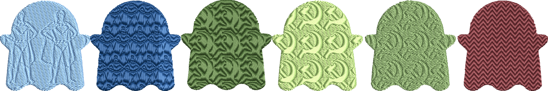 Exemples de remplissages « en relief » avec Embroidery Studio 2026. La texture marteau et faucille est montrée avec les trois types de remplissage.