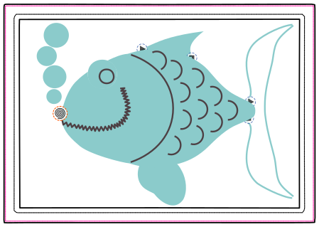 Design d'un poisson monochrome avec des lignes qui ajoutent des points, format A10 avec Ink/Stitch. Cet exemple montre bien que les lignes estampilles ne deviennent pas d'objets de broderie, elles modifient juste un objet apparenté, ici le corps du poisson.