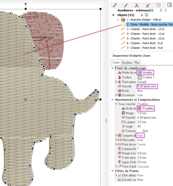 Panneau condensé des paramètres tatami pour Embroidery Office 23. Cette interface est efficace car on a presque tous les paramètres dans un onglet. La bordure n'existe pas dans Hatch. On peut aussi utiliser les bandeaux de menu ou encore une vue tabulaire plus claire, mais plus encombrante.