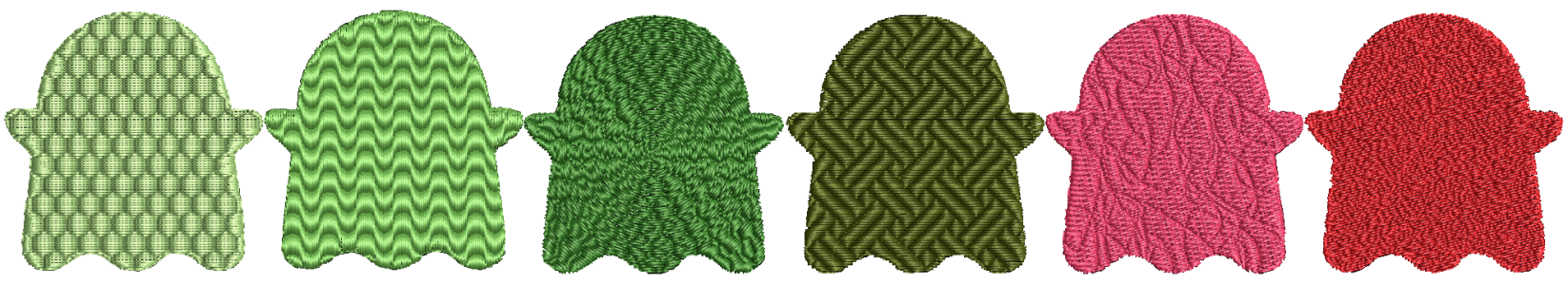 Exemples de remplissages « en relief » avec Ink/Stitch (2026) : Dans l'ordre : (a) texture intégrée sur tatami, (b) idem, (c) texture sur remplissage circulaire, (d) texture intégrée, (e) tatami avec texture gribouillée (f) tatami avec texture en méandres généré par un plan de broderie