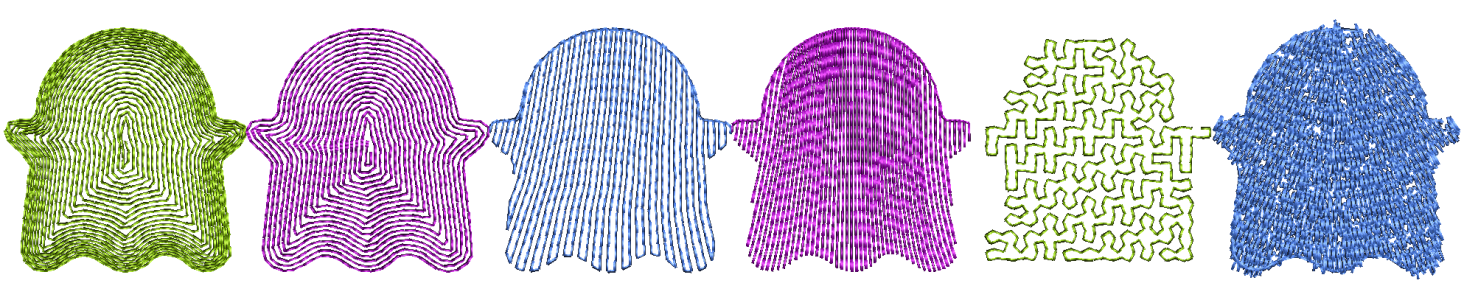 Embroidery Office 23 (2026): (a) Remplissage spiralé, (b) Remplissage spiralé — concentrique, (c) Remplissage flexible avec points droits, (d) Remplissage fluide, (e) Pointillé, (f) Macro avec point boutonnière E