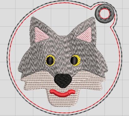 Simulation montrant la languette et le trou renforcé par une bordure satin.