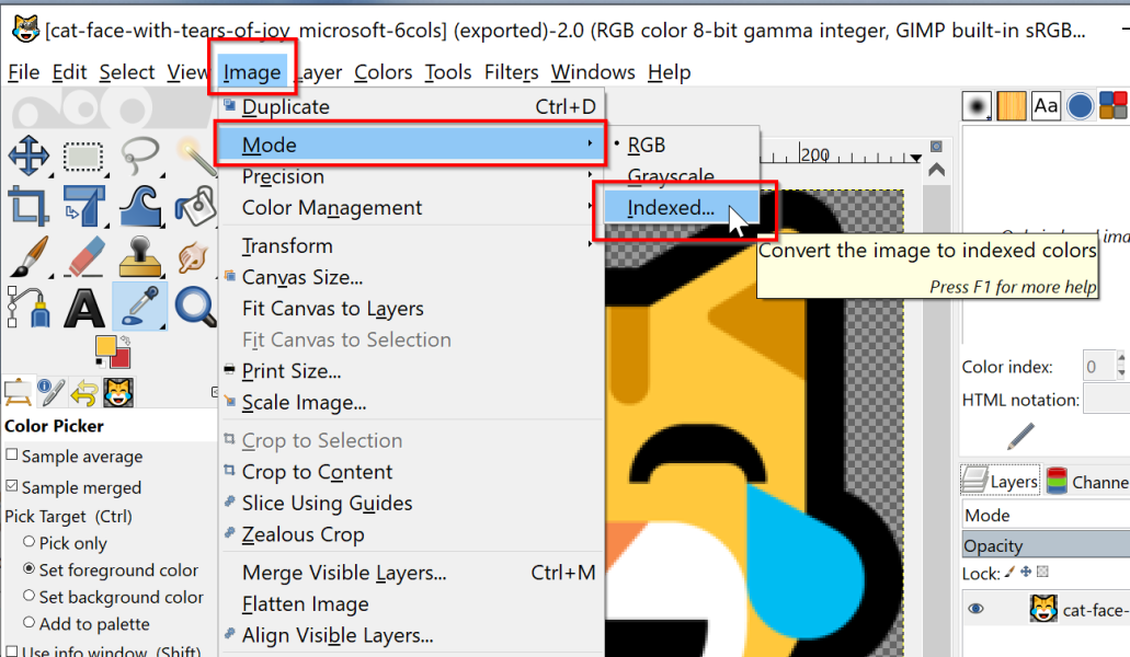 Image importée dans GIMP. On choisit d'utiliser des « couleurs indexées ».